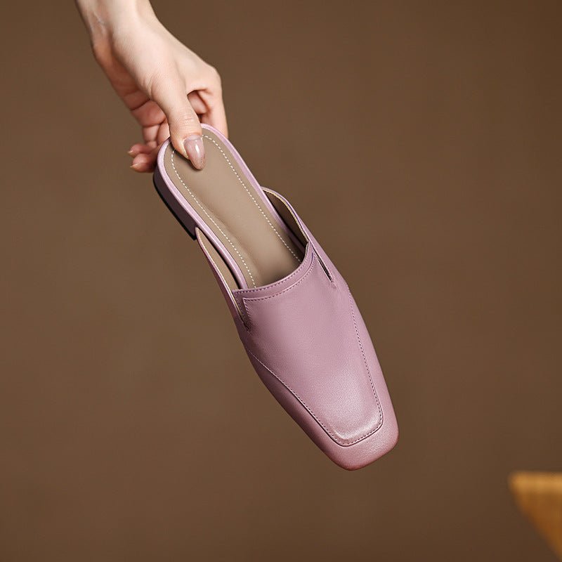 Leather Square-Toe Mules with 3 cm Block Heel - WowStore.live