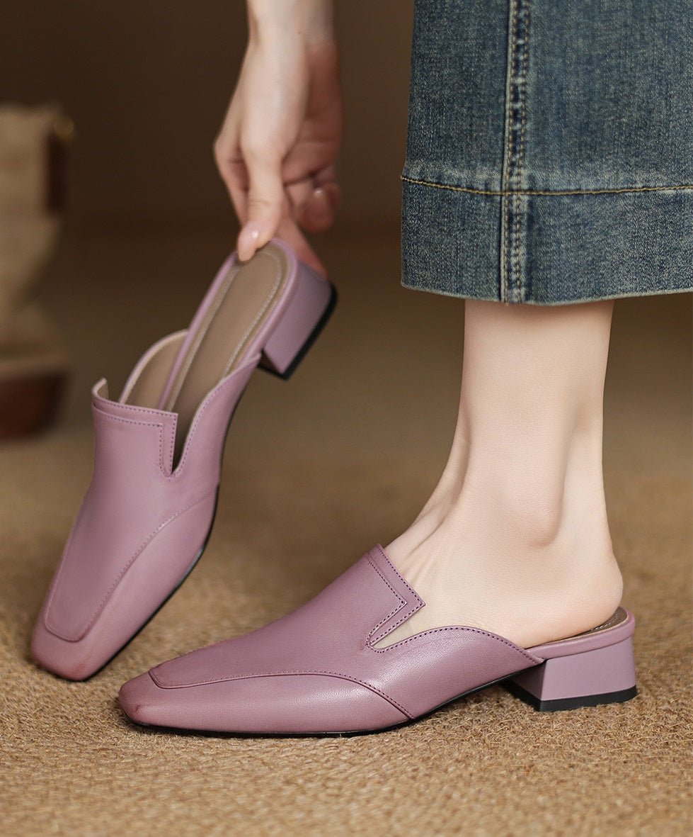 Leather Square-Toe Mules with 3 cm Block Heel - WowStore.live