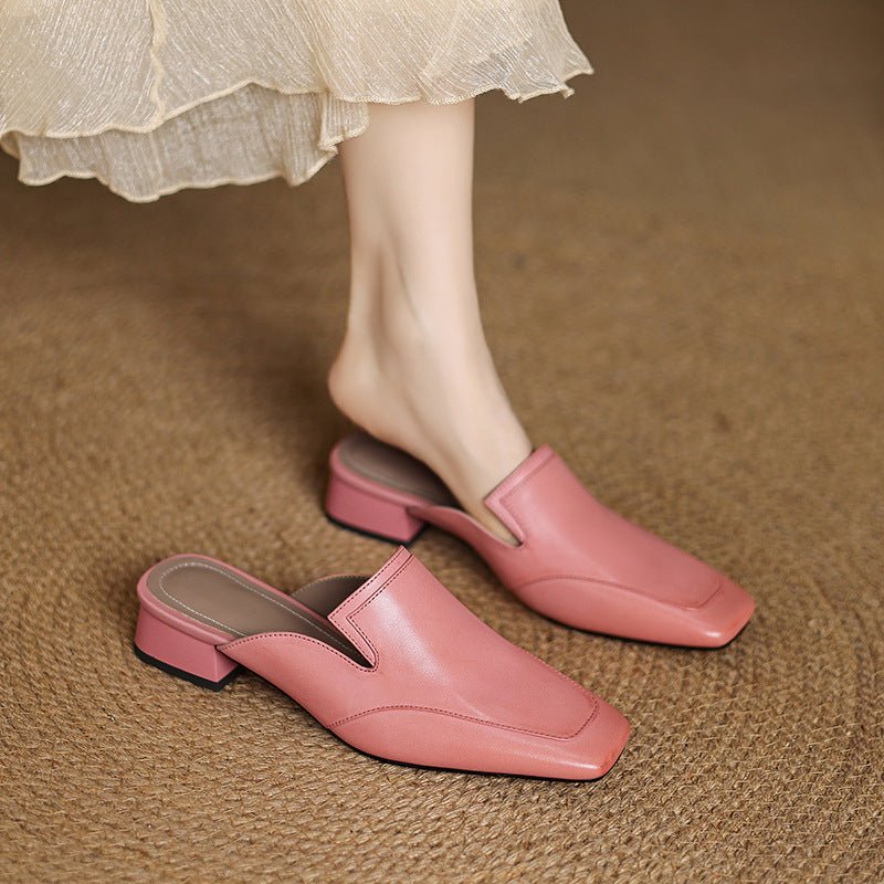 Leather Square-Toe Mules with 3 cm Block Heel - WowStore.live