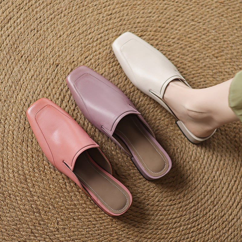 Leather Square-Toe Mules with 3 cm Block Heel - WowStore.live