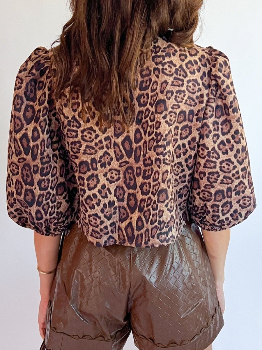 Leopard Bow Tie Puff Sleeve Blouse - Wow Store