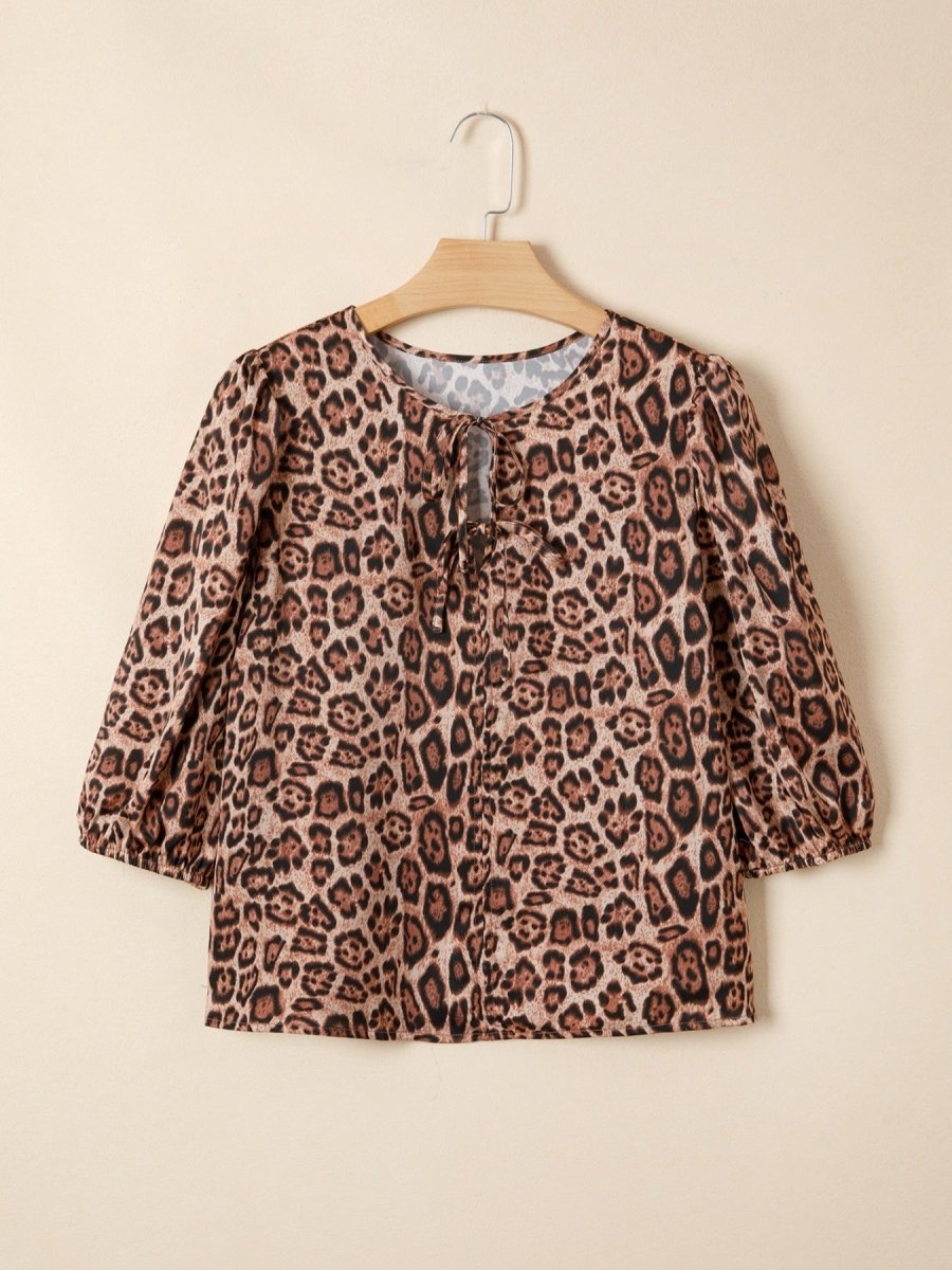 Leopard Bow Tie Puff Sleeve Blouse - Wow Store