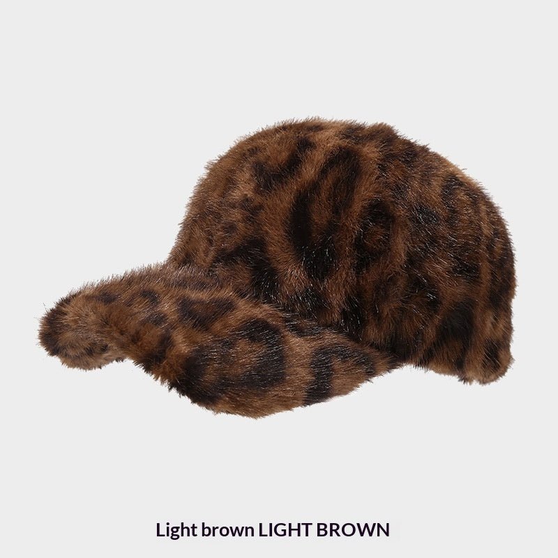 Leopard-Print Faux-Fur Baseball Cap, One Size in light brown