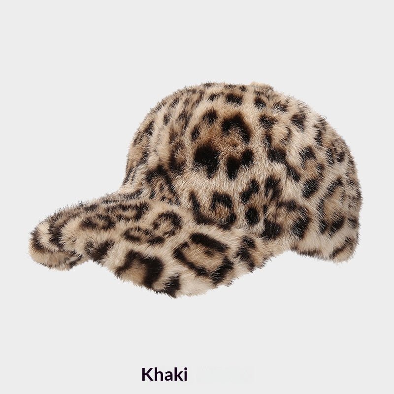 Leopard-Print Faux-Fur Baseball Cap, One Size in khaki
