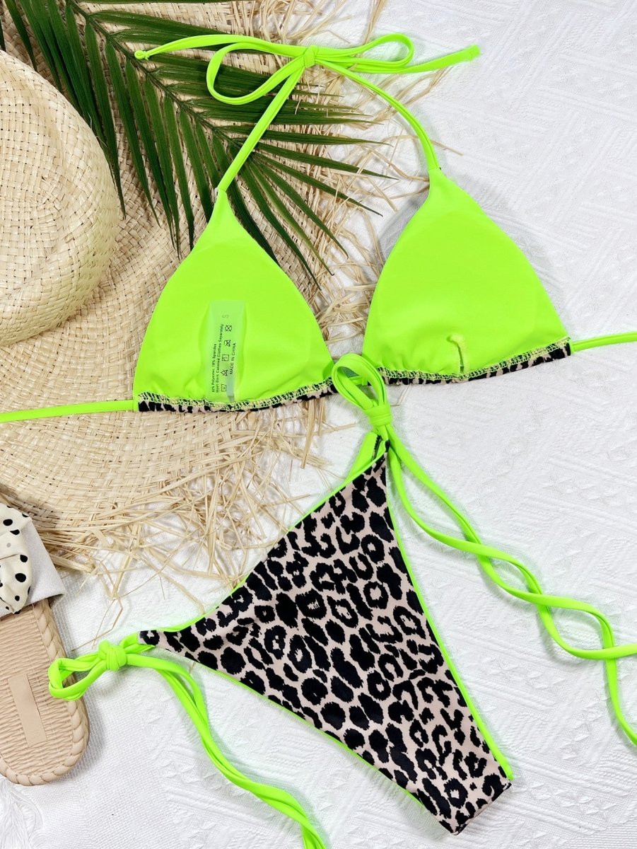 Leopard Print Halter Neck Tie Side Bikini Set - Wow Store