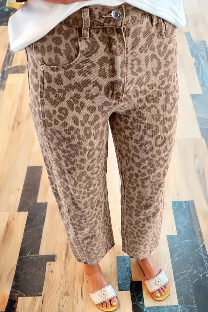 Leopard Print High-Waisted Cropped Jeans in tan and black print on model, showcasing animal pattern denim