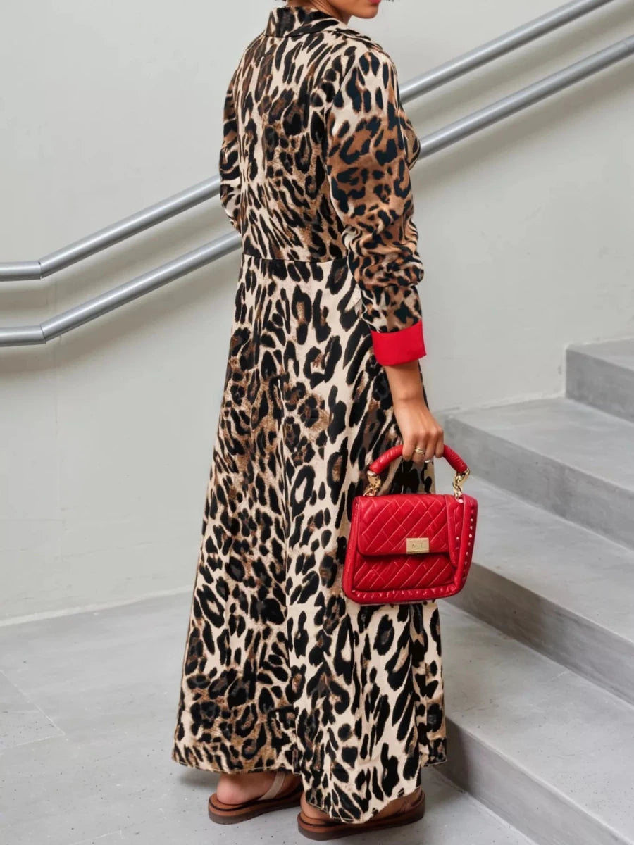 Leopard Print Long Sleeve Shirt Dress with Contrast Trim - Wow Store
