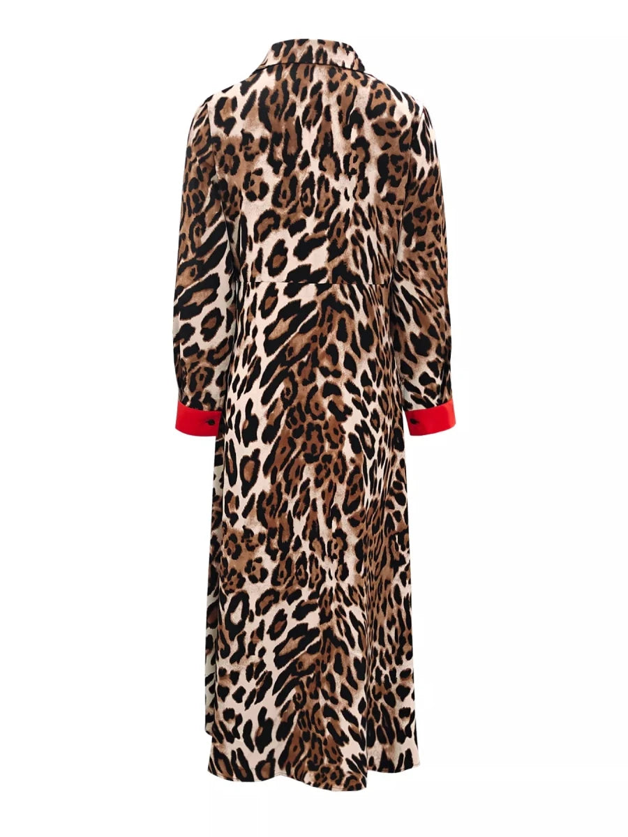 Leopard Print Long Sleeve Shirt Dress with Contrast Trim - Wow Store