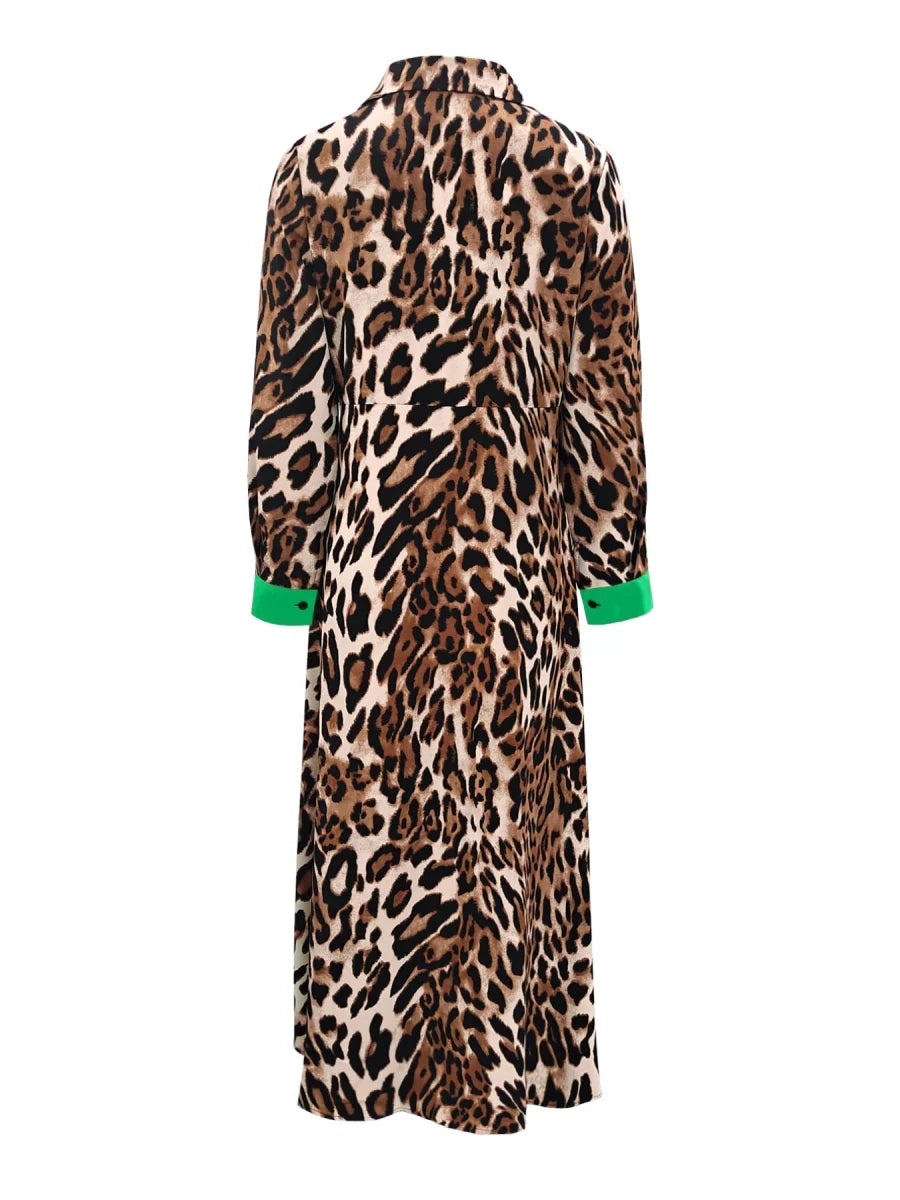Leopard Print Long Sleeve Shirt Dress with Contrast Trim - Wow Store