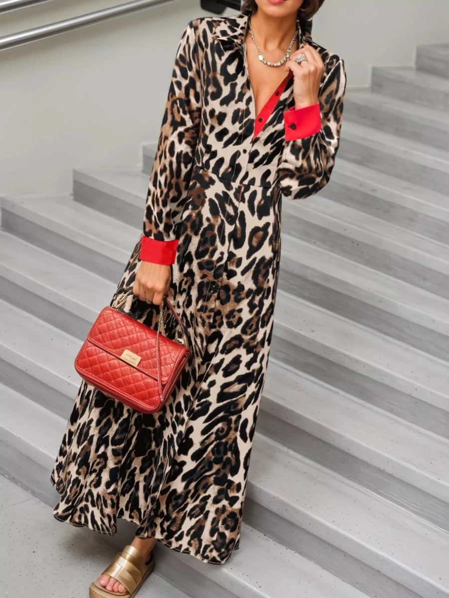 Leopard Print Long Sleeve Shirt Dress with Contrast Trim - Wow Store