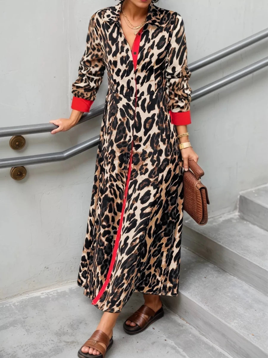 Leopard Print Long Sleeve Shirt Dress with Contrast Trim - Wow Store