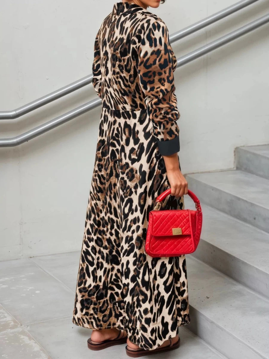Leopard Print Long Sleeve Shirt Dress with Contrast Trim - Wow Store