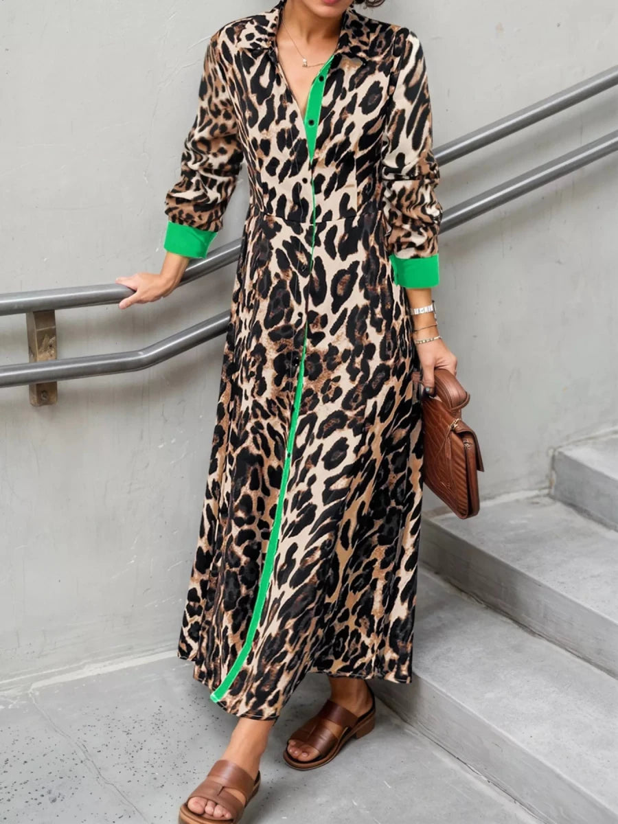 Leopard Print Long Sleeve Shirt Dress with Contrast Trim - Wow Store