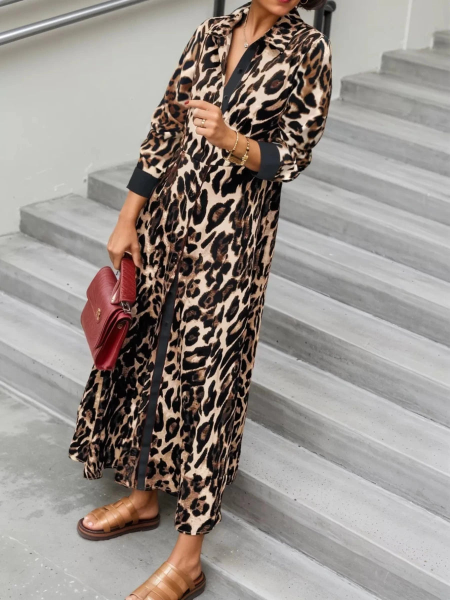 Leopard Print Long Sleeve Shirt Dress with Contrast Trim - Wow Store