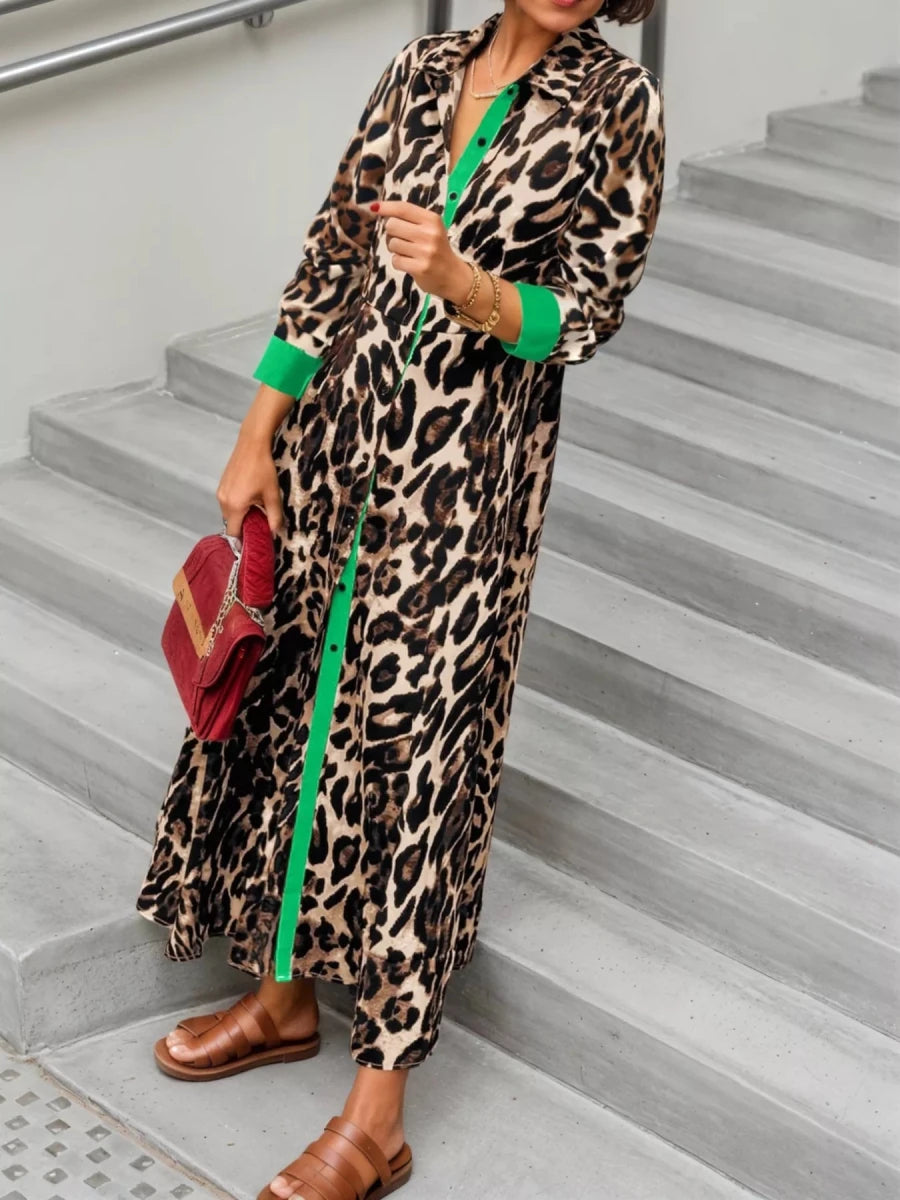 Leopard Print Long Sleeve Shirt Dress with Contrast Trim - Wow Store