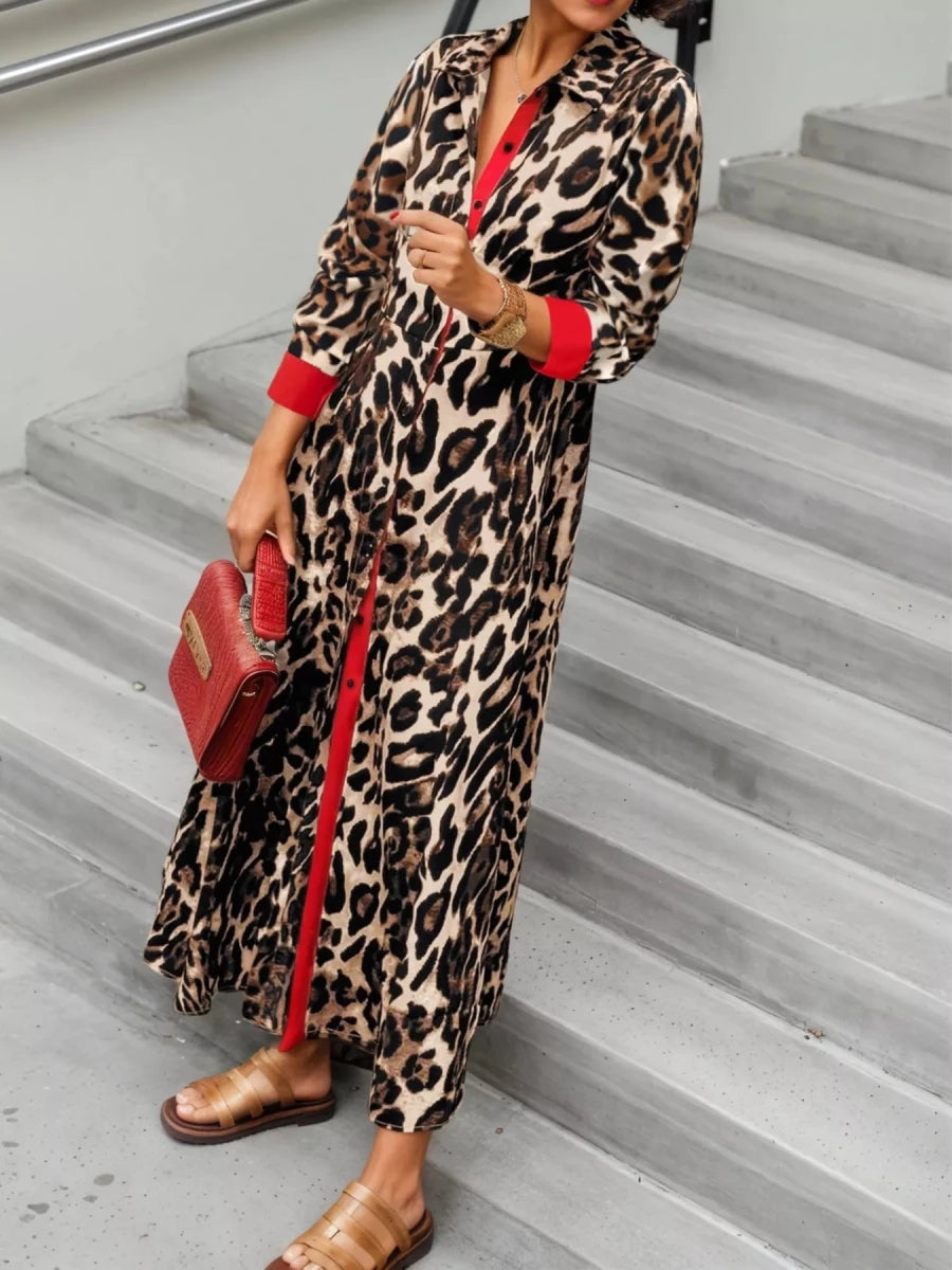 Leopard Print Long Sleeve Shirt Dress with Contrast Trim - Wow Store