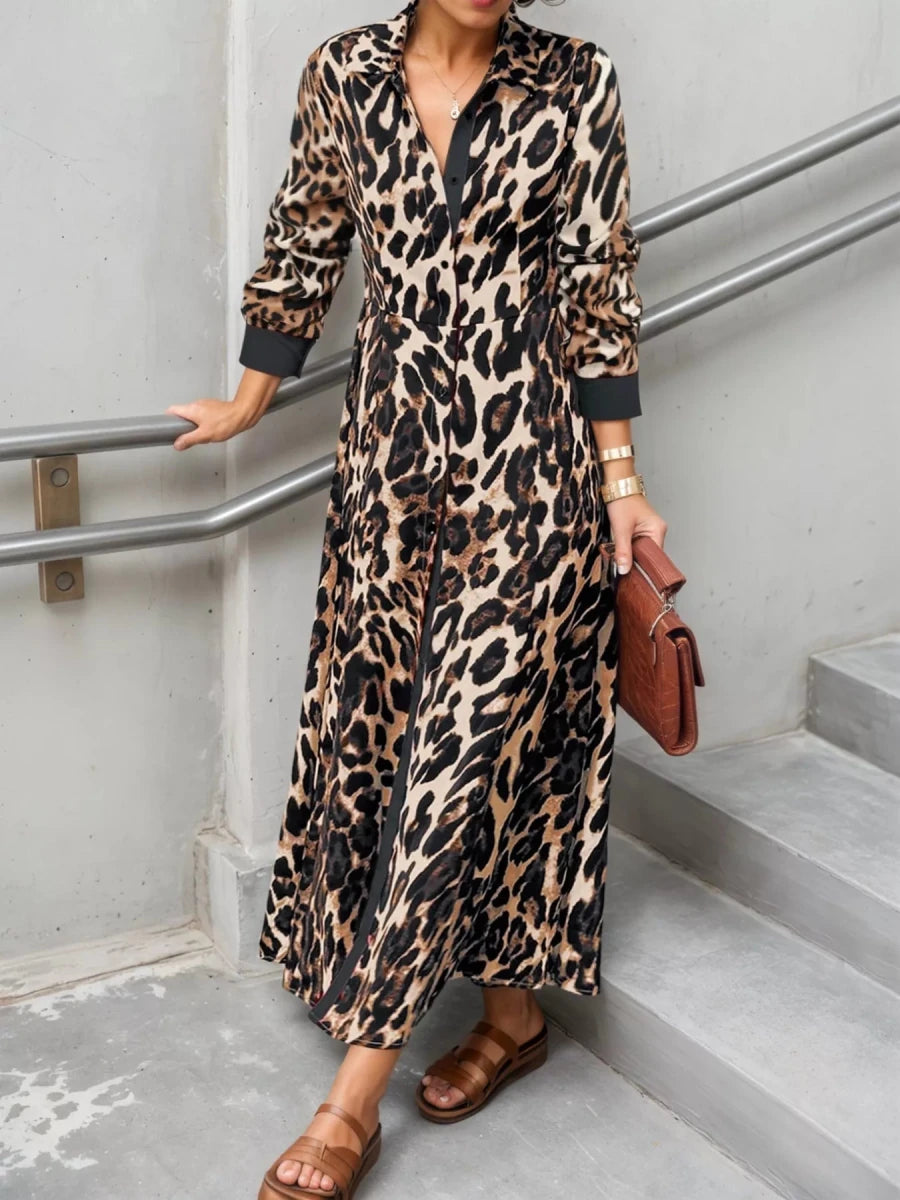 Leopard Print Long Sleeve Shirt Dress with Contrast Trim - Wow Store