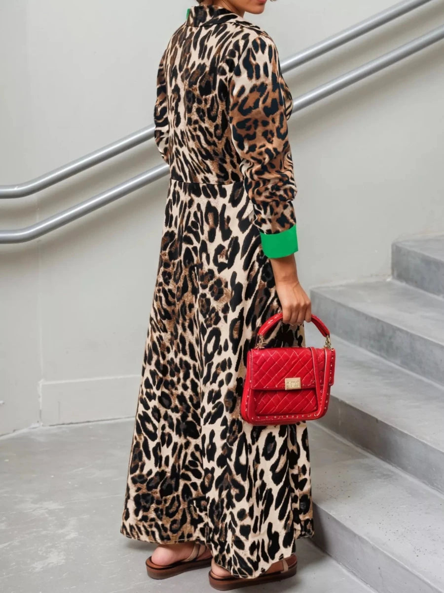 Leopard Print Long Sleeve Shirt Dress with Contrast Trim - Wow Store