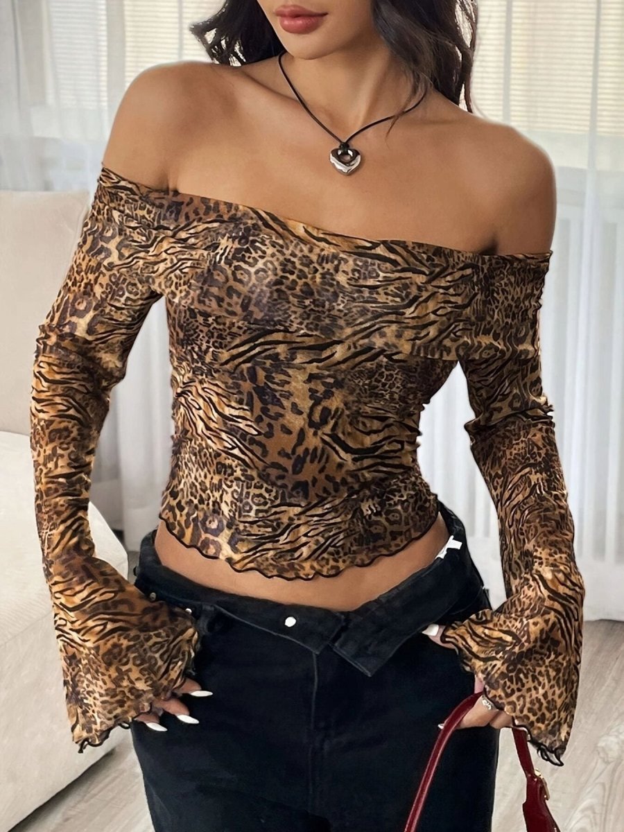 Leopard Print Off-Shoulder Top – Bold animal print blouse with off-shoulder neckline and ruffled sleeves, vibrant orange and 