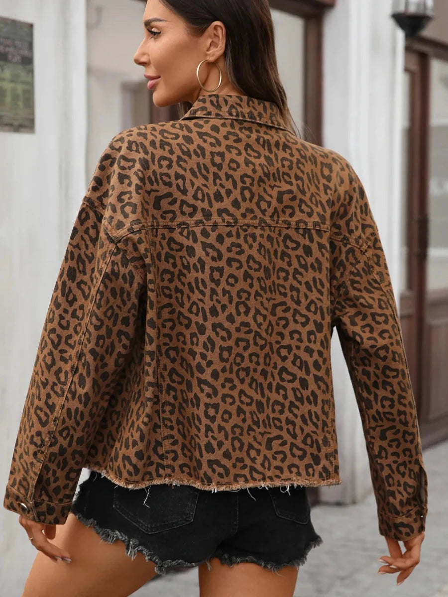 Leopard Print Raw Hem Denim Jacket - Wow Store
