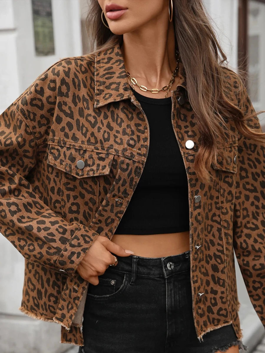Leopard Print Raw Hem Denim Jacket - Wow Store