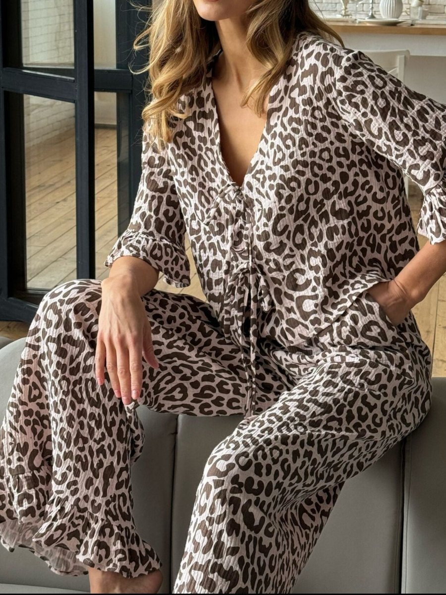 Leopard print ruffle trim top and pants lounge set in brown with soft cotton fabric – Leopard Print Ruffle Trim Lounge Set