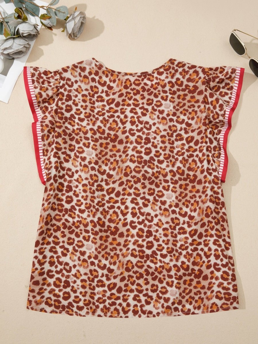 Leopard Print Smocked Notched Blouse - Wow Store