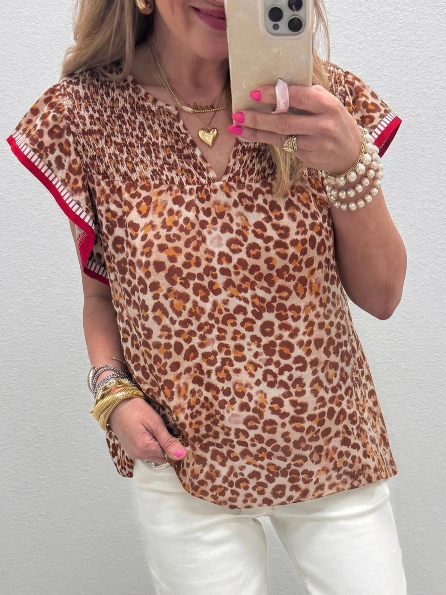 Leopard Print Smocked Notched Blouse - Wow Store