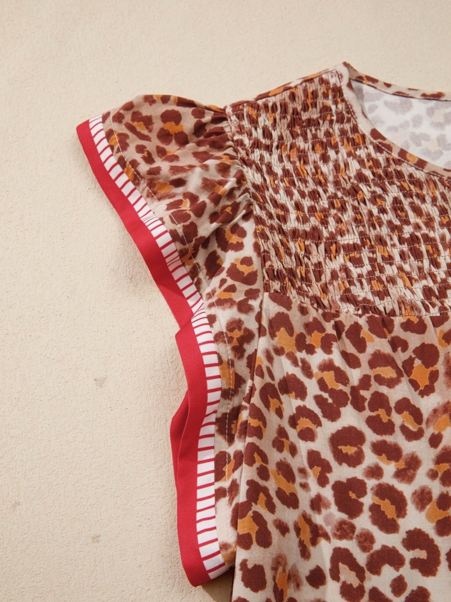 Leopard Print Smocked Notched Blouse - Wow Store
