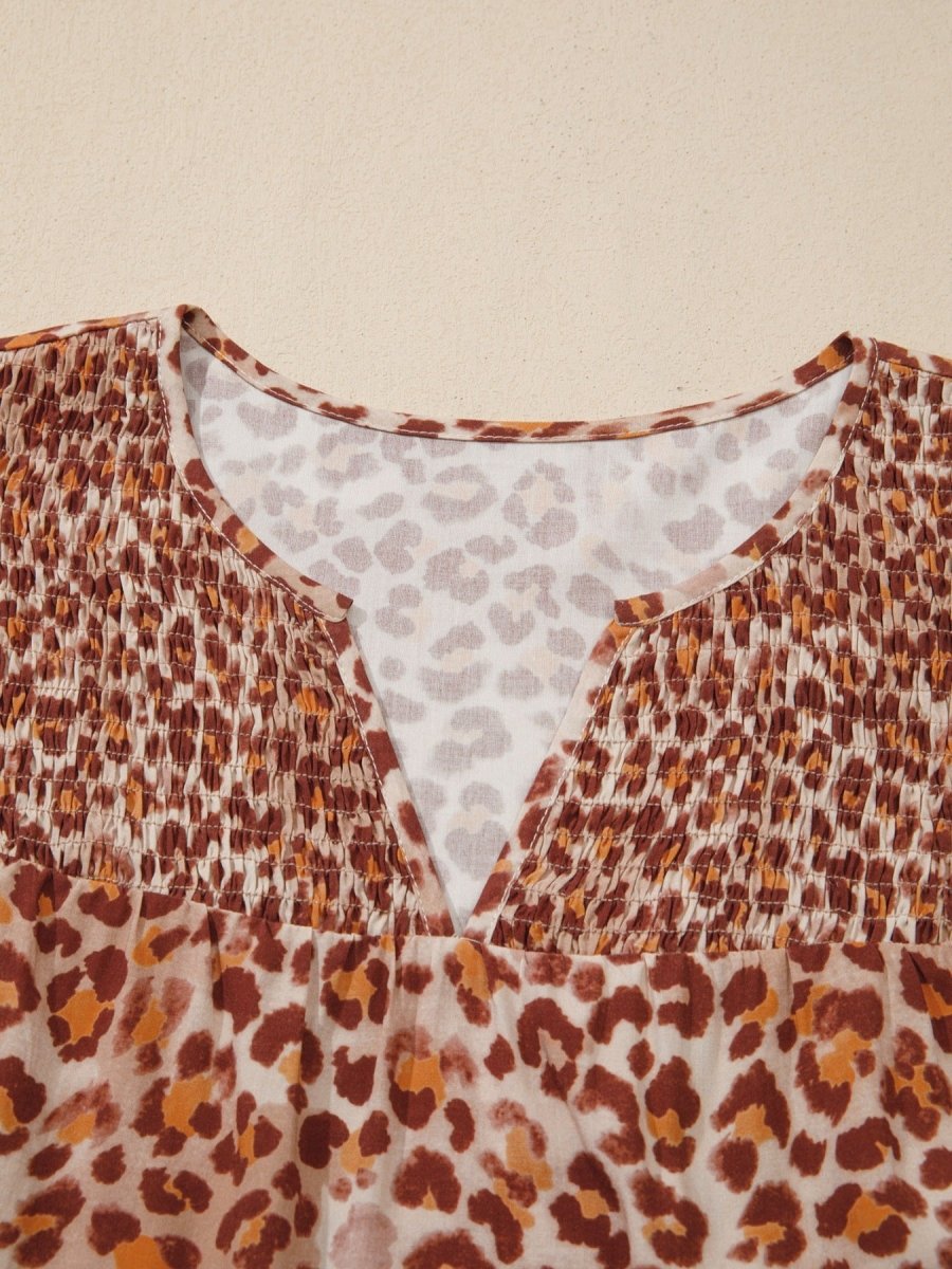 Leopard Print Smocked Notched Blouse - Wow Store