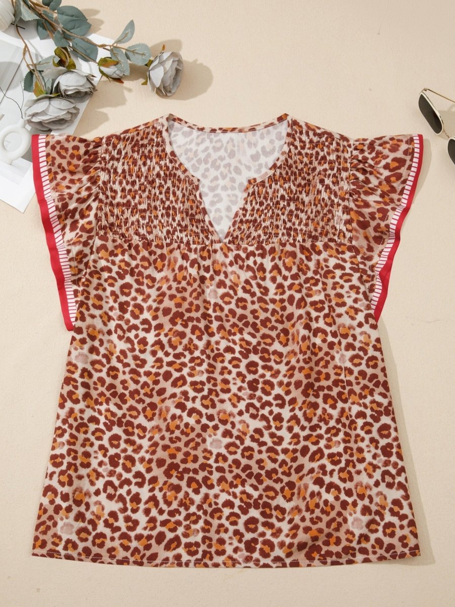 Leopard Print Smocked Notched Blouse - Wow Store