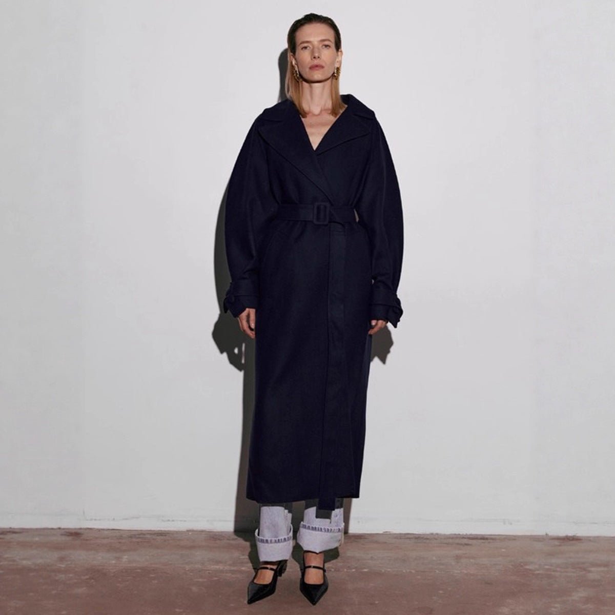 Long Belted Wrap Coat, Black — view 2