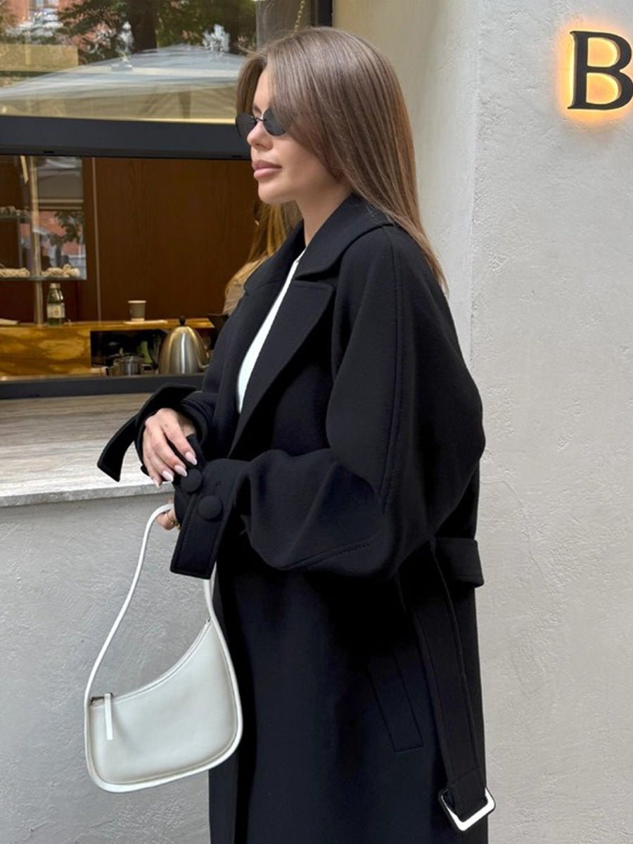 Long Belted Wrap Coat, Black — view 3