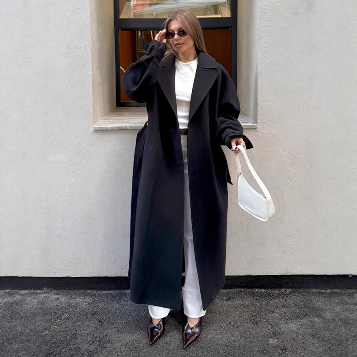 Long Belted Wrap Coat, Black