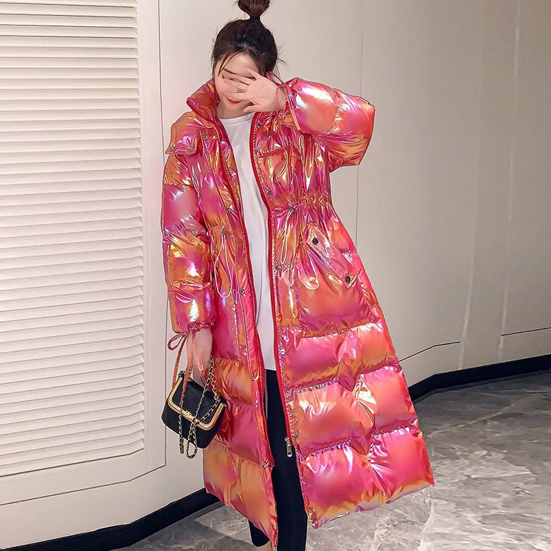 Red version, a bright pink-red with an orange sheen, drawstring pulled in at the waist
