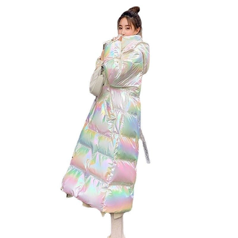 Model in the white coat with a rainbow sheen, cut out on a white background
