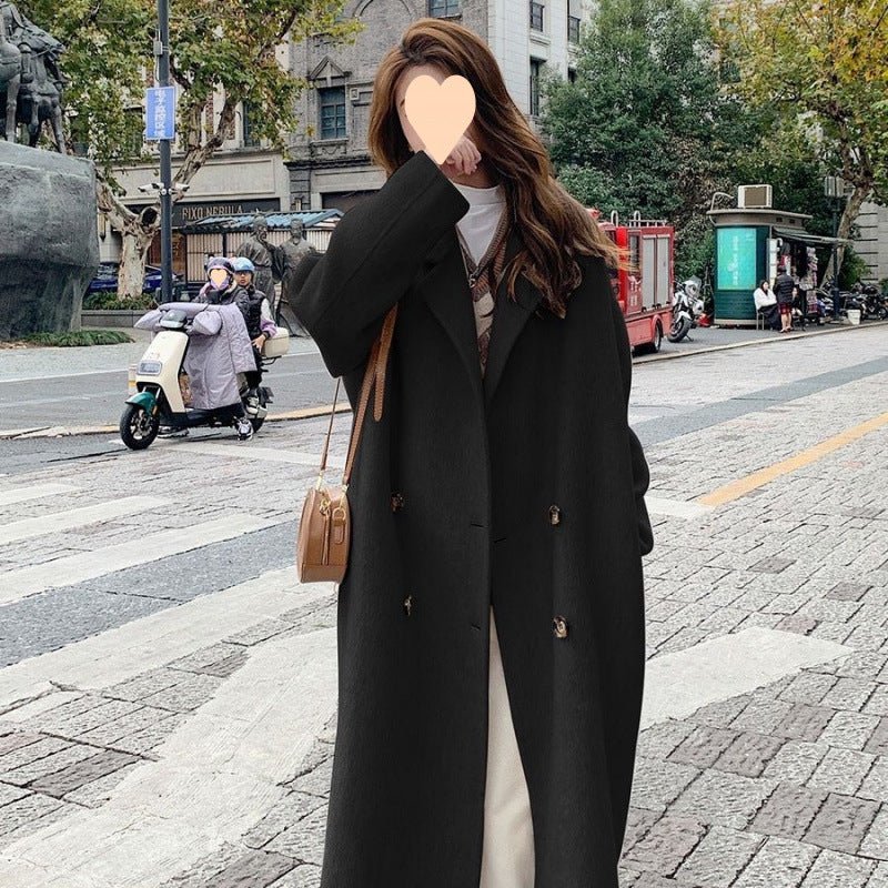Long Oversized Double-Breasted Coat with Notch Lapel in black