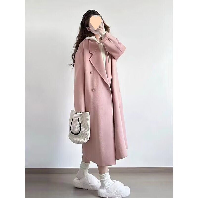 Long Oversized Double-Breasted Coat with Notch Lapel in pink