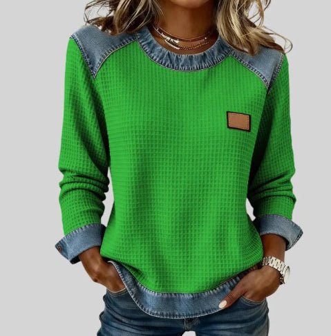 Long-Sleeve Waffle-Knit Top with Denim-Look Yoke in green
