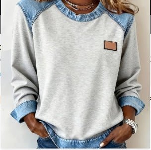 Long-Sleeve Waffle-Knit Top with Denim-Look Yoke in grey marl