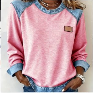 Long-Sleeve Waffle-Knit Top with Denim-Look Yoke in pink