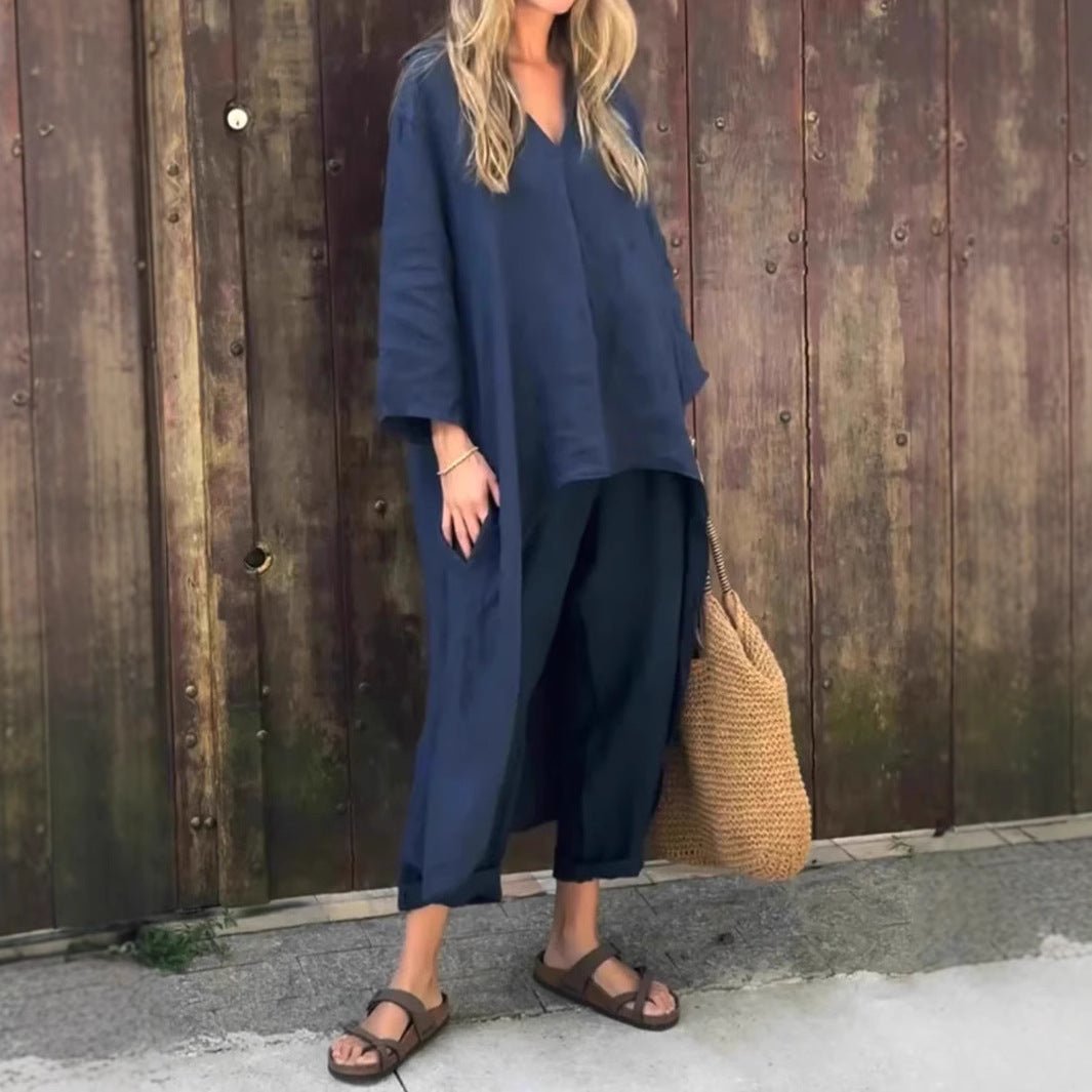 Loose V-Neck Top and Wide-Leg Trousers Set - WowStore.live