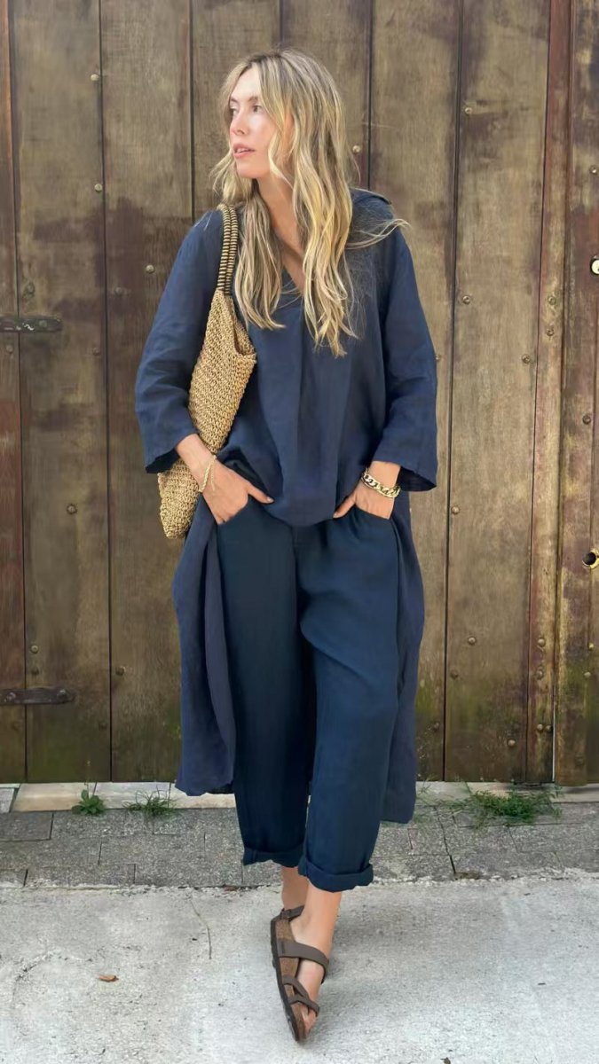 Loose V-Neck Top and Wide-Leg Trousers Set - WowStore.live