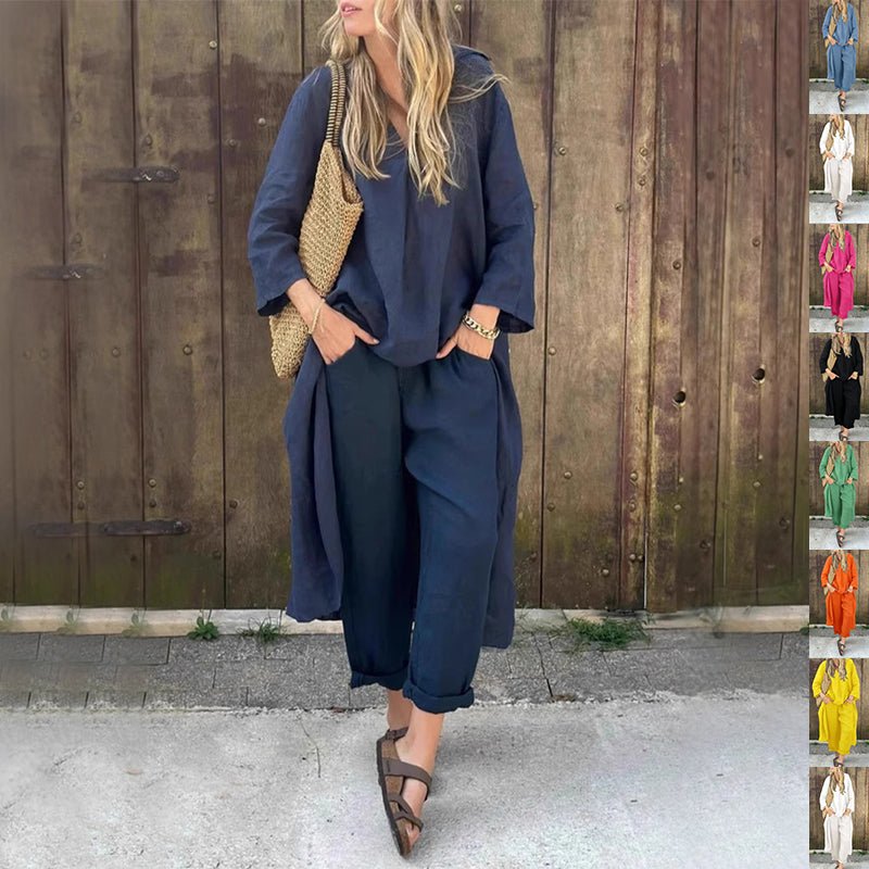 Loose V-Neck Top and Wide-Leg Trousers Set - WowStore.live