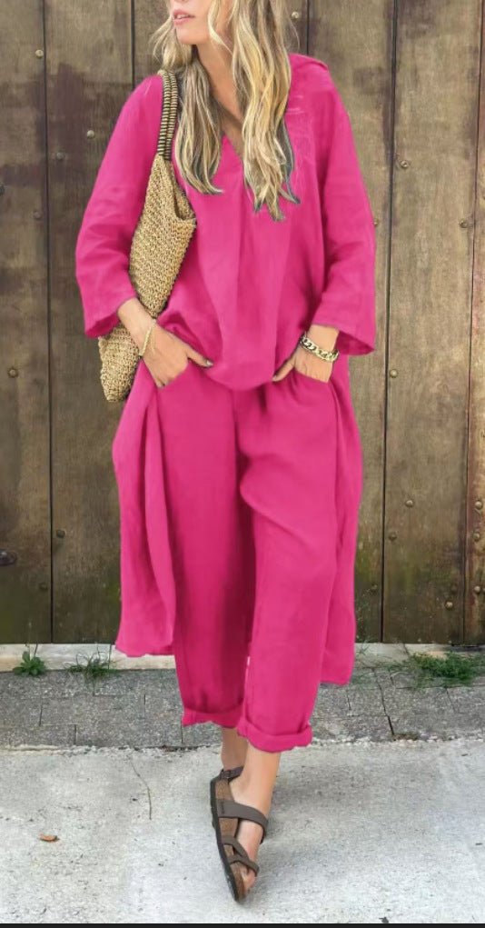 Loose V-Neck Top and Wide-Leg Trousers Set - WowStore.live