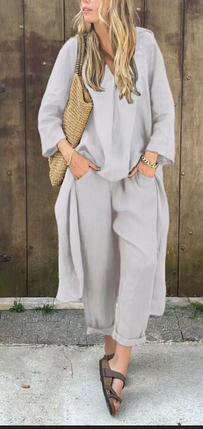 Loose V-Neck Top and Wide-Leg Trousers Set - WowStore.live