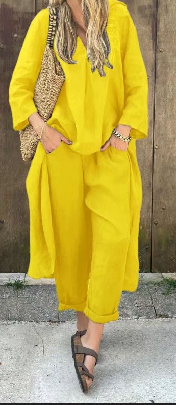 Loose V-Neck Top and Wide-Leg Trousers Set - WowStore.live