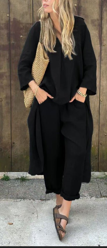 Loose V-Neck Top and Wide-Leg Trousers Set - WowStore.live