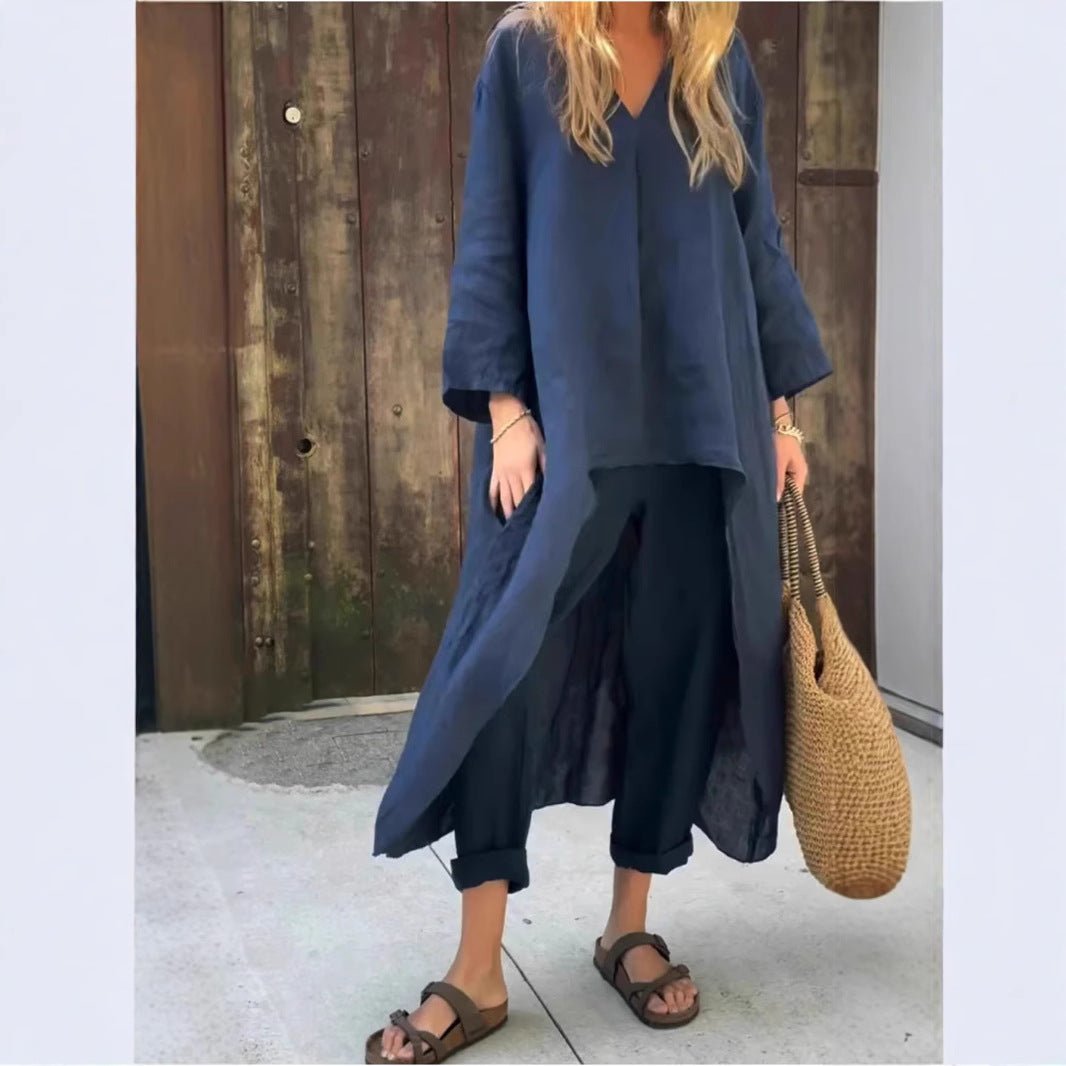 Loose V-Neck Top and Wide-Leg Trousers Set - WowStore.live
