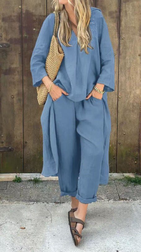 Loose V-Neck Top and Wide-Leg Trousers Set - WowStore.live
